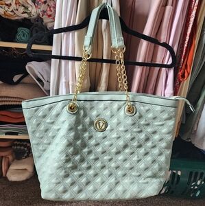 Vera New York Large Mint Blue Quilted Tote Bag Gold Accents Like New Vegan Leath